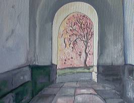 Unter dem Kirchturm; 48x39; Ölfarbe auf Karton